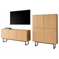 WOHNWAND Stone Eiche, Wohnkombination 2-teilig 280 cm, mit Push-to-Open - Eichefarben/Schwarz, Holzwerkstoff/Metall (280/137/40cm) - Furn.Design