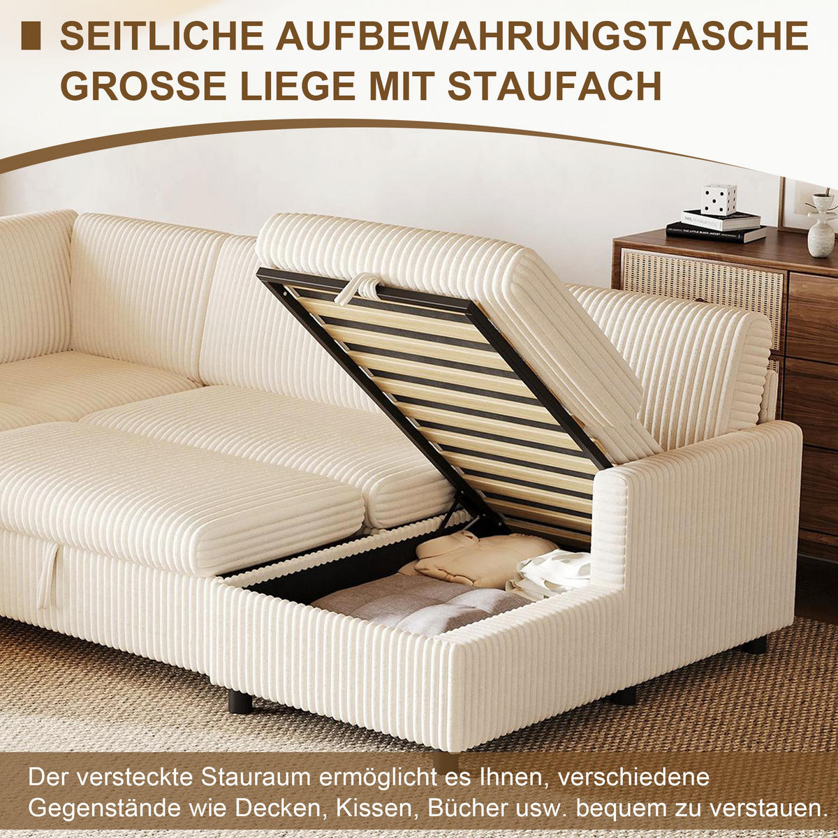 SOFA U Oblik na Razvlačenje Cord 220x274x85 cm Bež - bež, tekstil (274/85/220cm) - FLIEKS