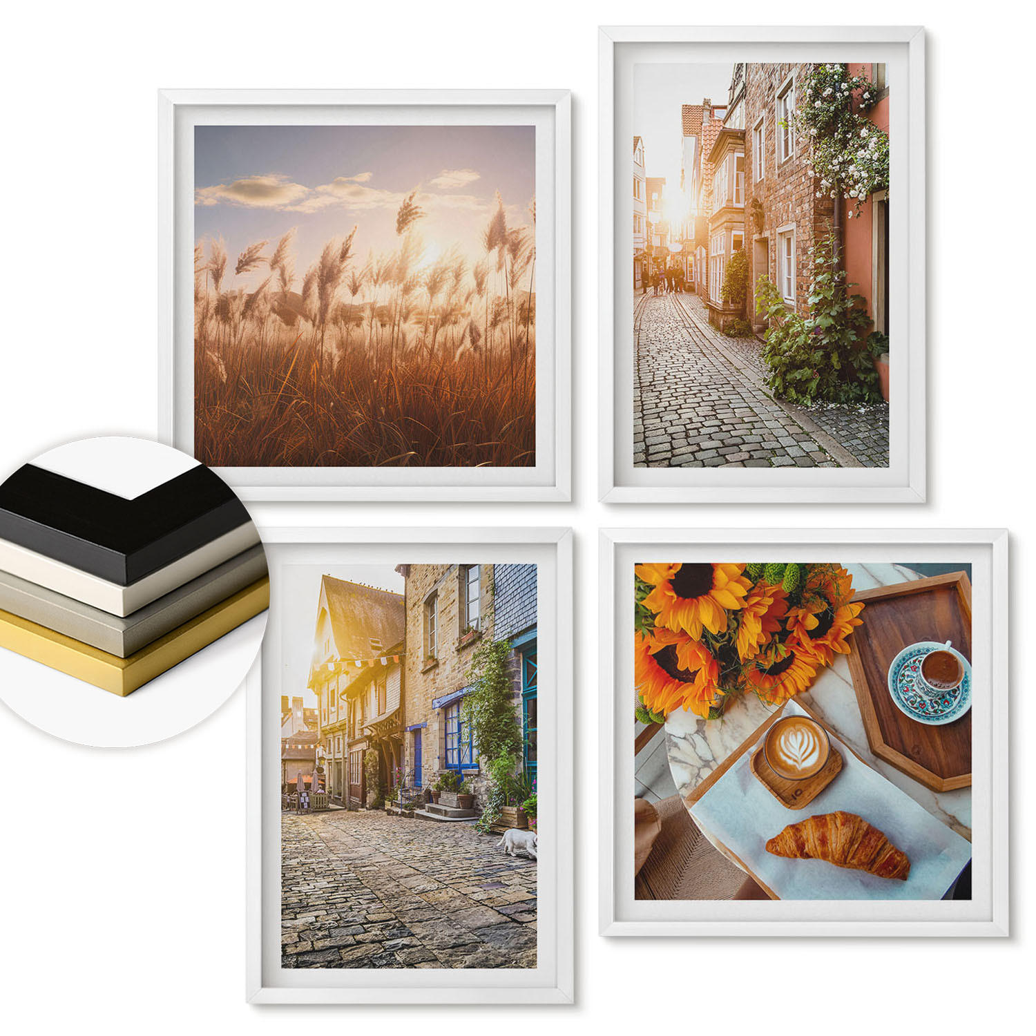 WANDBILDER 4er-Set - 50x50 cm & 40x60 cm Weißer Rahmen - Charmante Straßen mit Kaffee - Weiß, Kunststoff (50/50cm) - ArtPrintCave