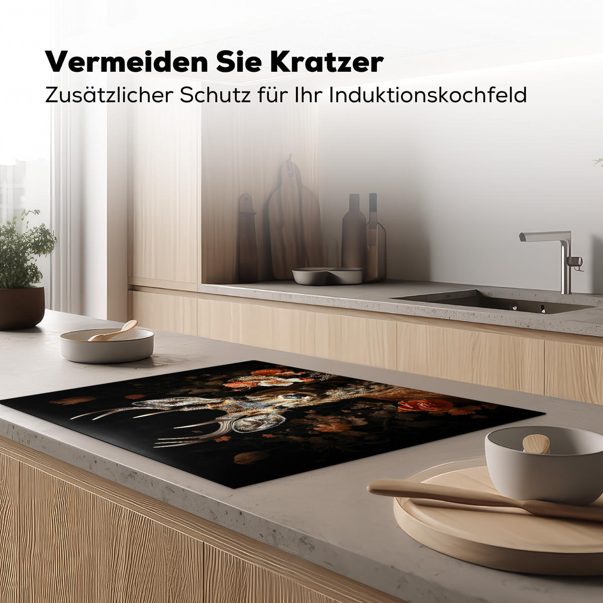 HERDABDECKPLATTE Hirsch - Tier - Blumen - Natur - Botanisch 77x59 cm - Kupferfarben, Kunststoff (77/0.2/59cm) - MuchoWow
