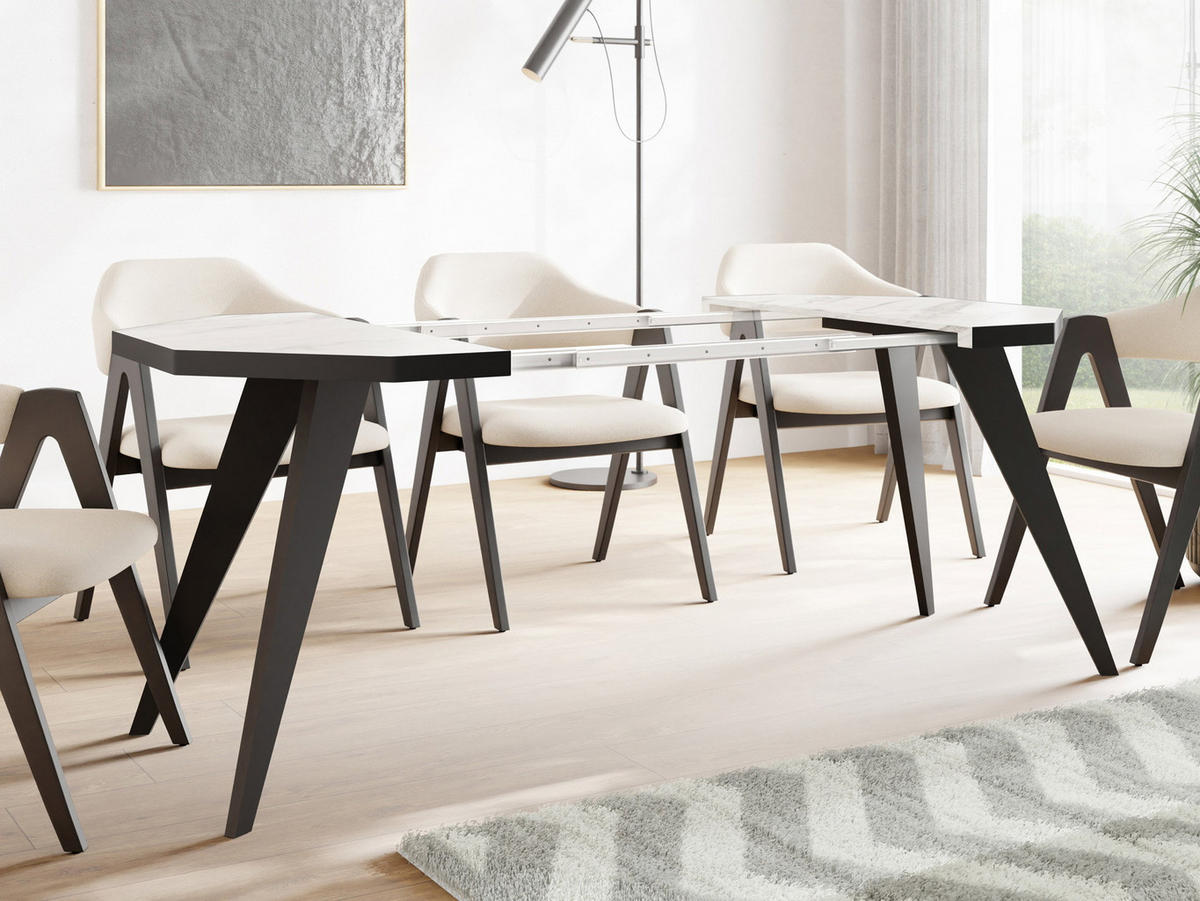 ESSTISCH Diamond Black achteckiger ausziehbarer, Marmor Weiß 100-150/100/76 cm - Ecru/Schwarz, Holz/Holzwerkstoff (100/150/77cm) - WFL GROUP