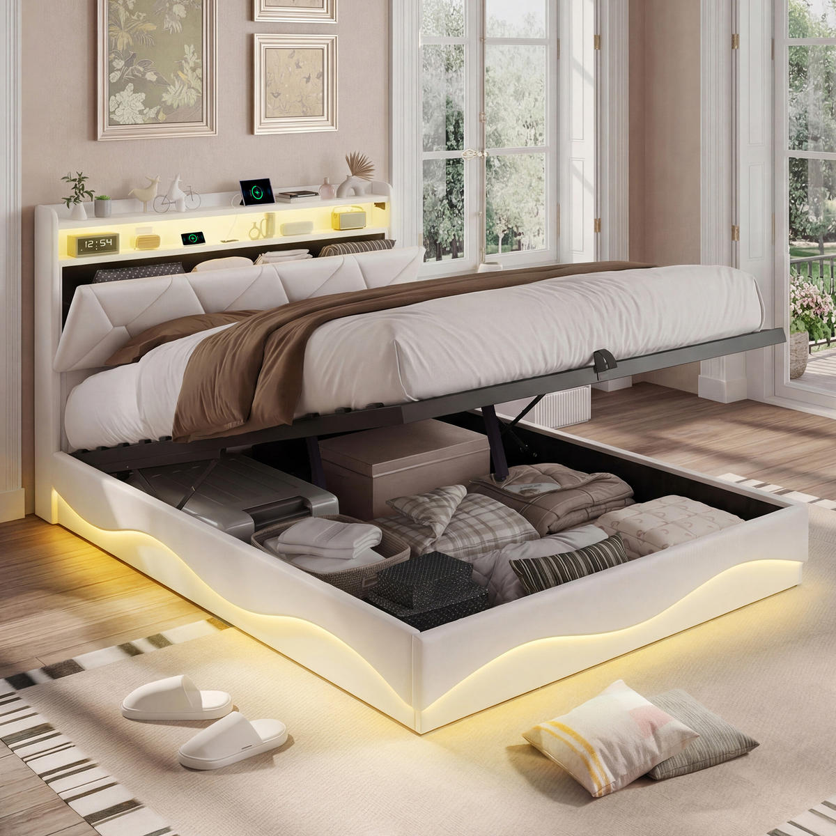 POLSTERBETT 140x200 cm mit hydraulischem Stauraum, Stauraumkopf, RGB-LED, USB-/Typ-C, Samtstoff in Beige - Beige, Holz (140/200cm) - BRILVERDE