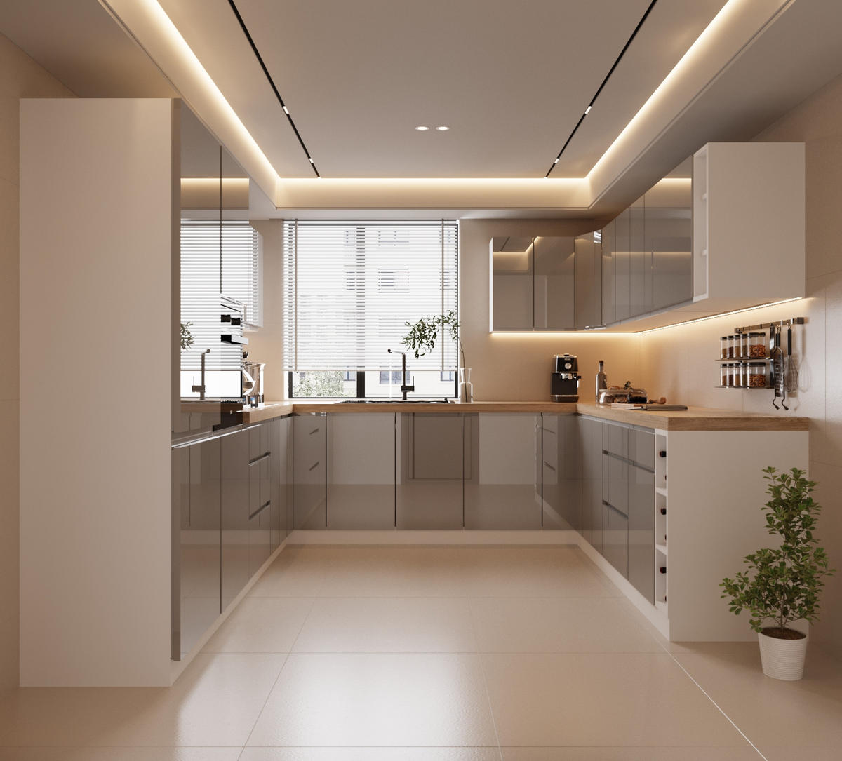 WINKELKÜCHE 320 cm x 280 x 260 cm - Aspen KA17-M320 - in Grau/Hochglanz - Grau, Holz (860/212/58cm)