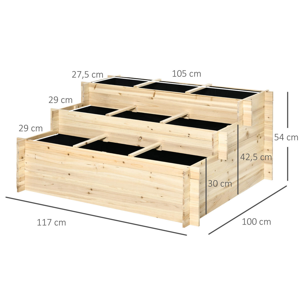 HOCHBEET, 3-stufige Blumenkasten, für Garten, Balkon, Tannenholz, Natur - Fichtefarben, Holz (100/54/117cm) - Outsunny