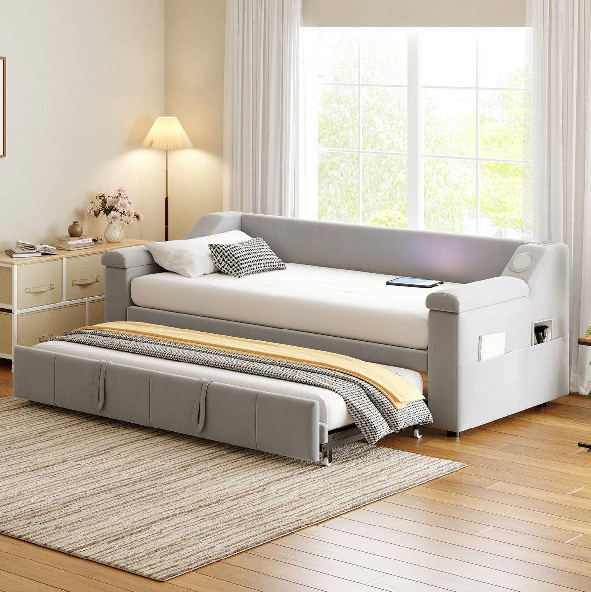 POLSTERBETT 90/190 cm mit hydraulischem Auszug, Bluetooth-Stereo, USB und Ablagefächern, Grau - Grau, Textil (90/190cm) - Redom