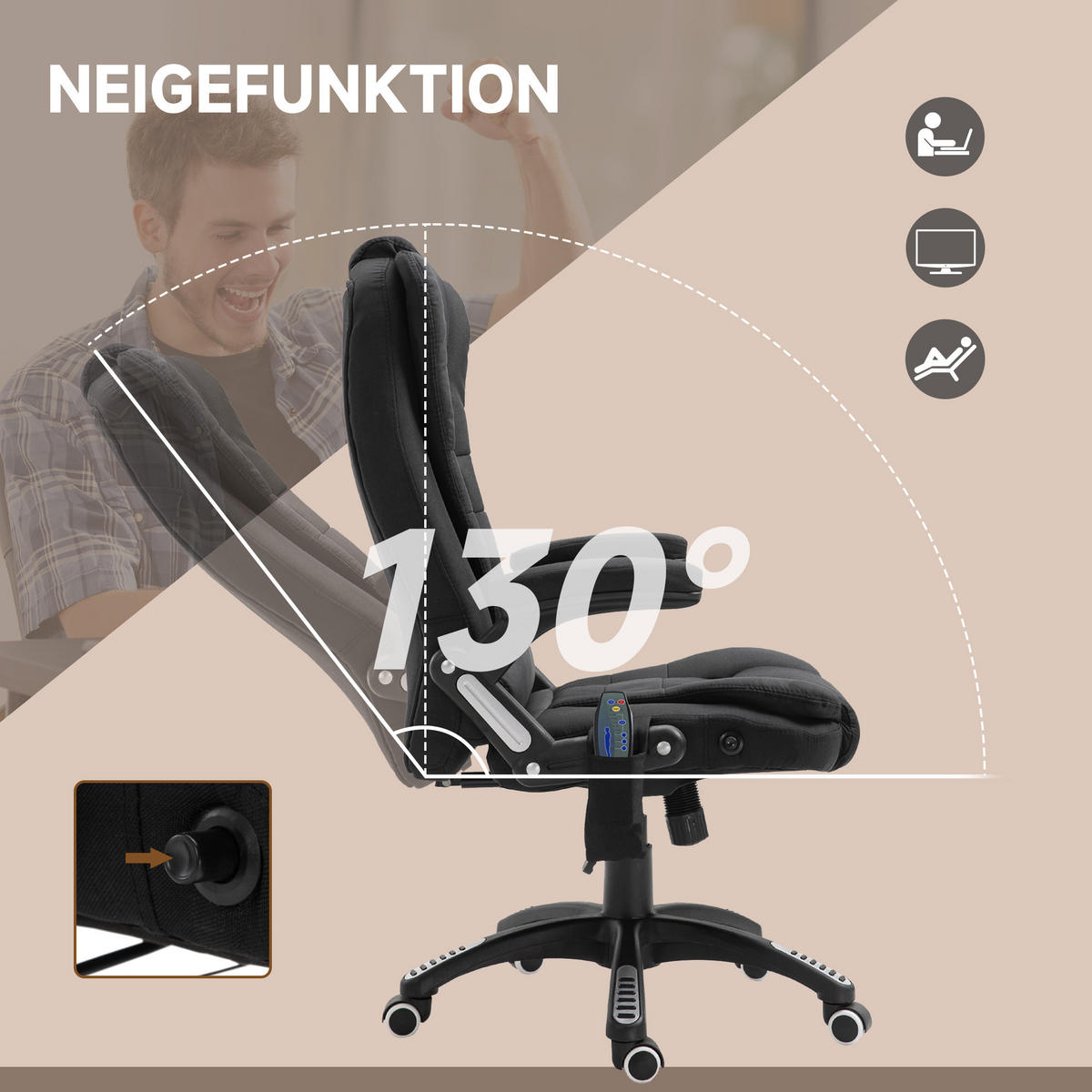 MASSAGESESSEL Chefsessel Gamingstuhl Drehstuhl Massagebürostuhl Schwarz - Schwarz, Kunststoff/Textil (74/116/67cm) - Vinsetto