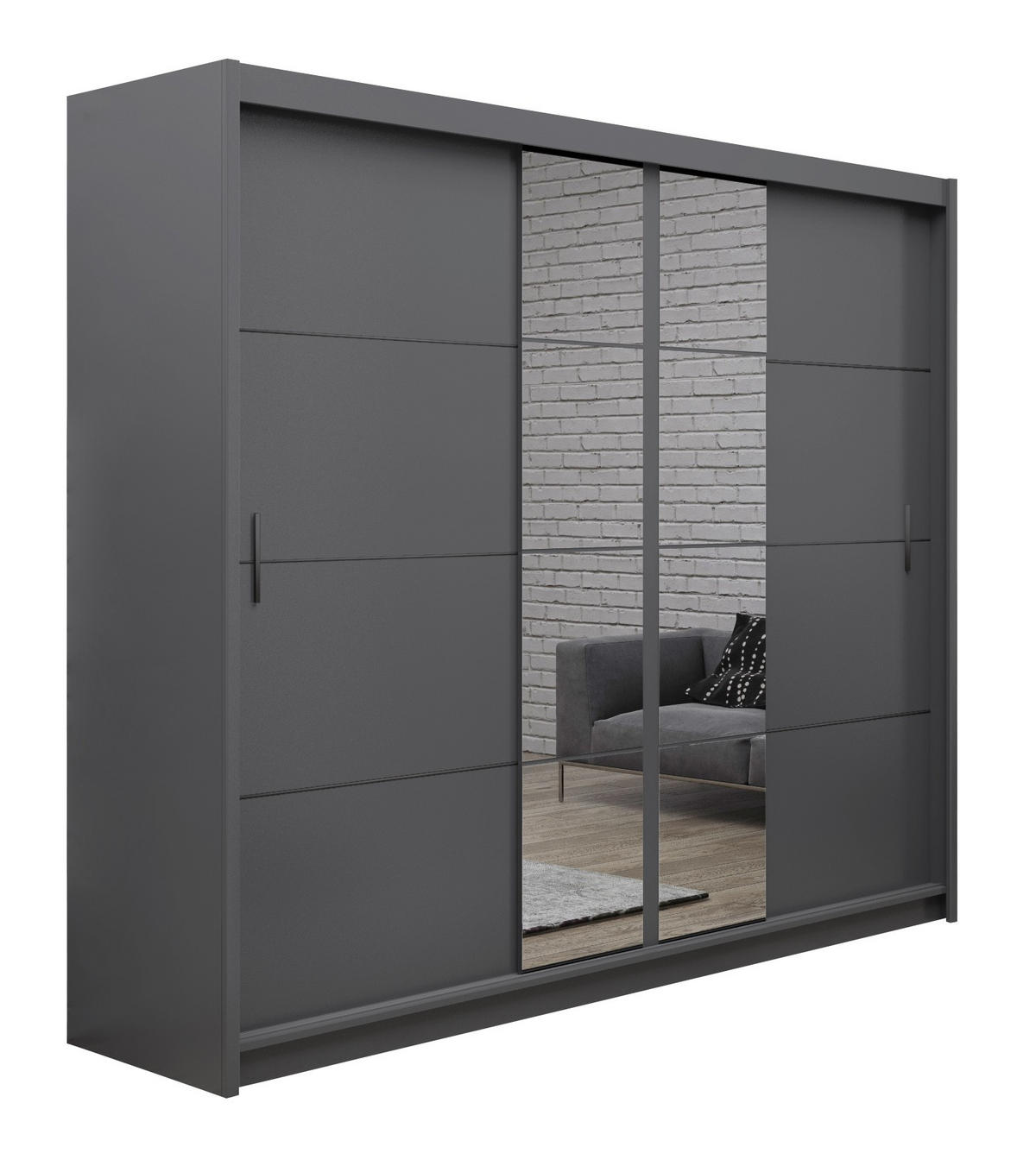 SCHWEBETÜRENSCHRANK KARTHUS 250/215/61 cm 3-türig mit Spiegel Graphitfarben - Graphitfarben, Holzwerkstoff (250/215/61cm) - MASSENO