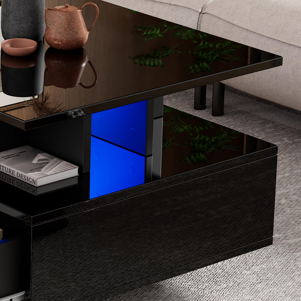 COUCHTISCH aus Spanplatte 90x55x41 cm in Schwarz mit LED-Beleuchtung - Schwarz, Holzwerkstoff (90/55/41cm) - Modfu