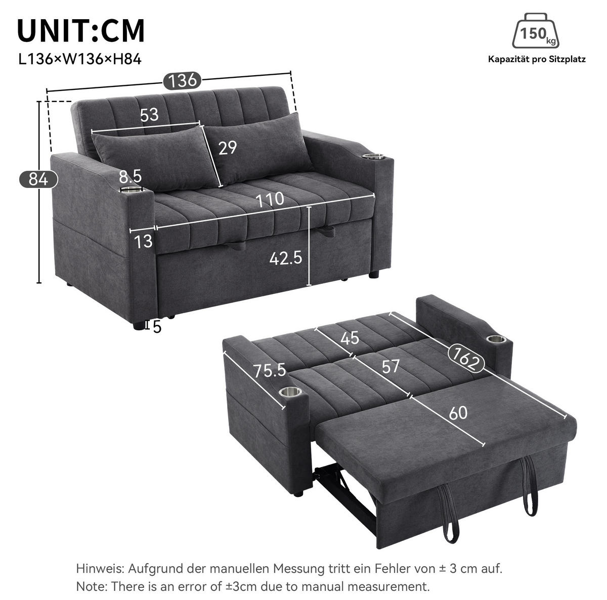 SCHLAFSOFA 136/84/84 cm in Grau – mit 3-fach verstellbarer Rückenlehne - Grau, Textil (136/84/162cm) - BEAOK