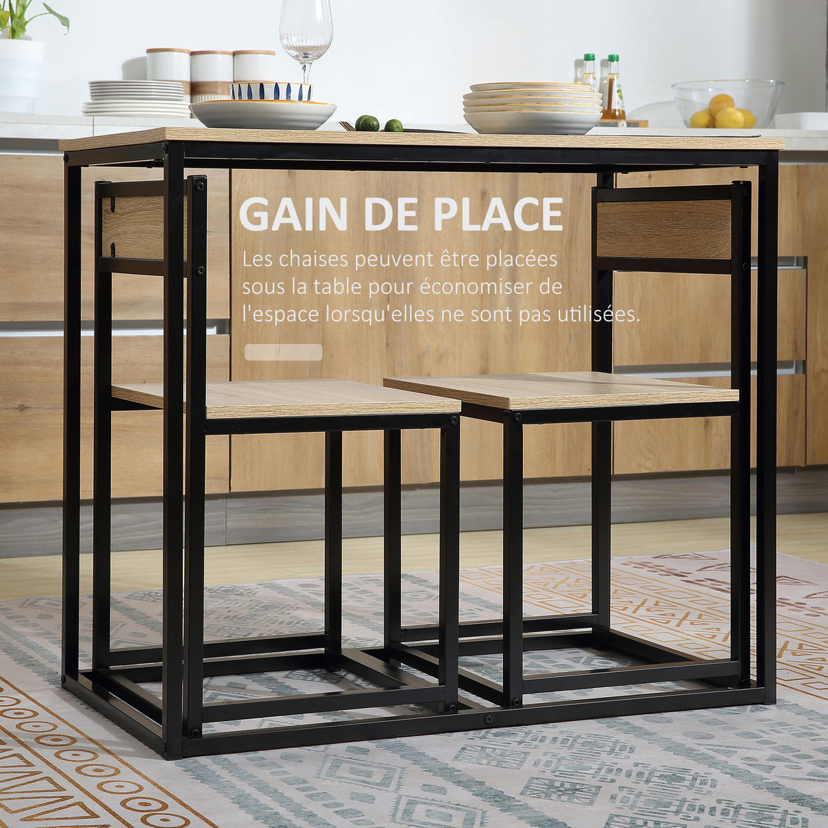 ESSGRUPPE mit Tisch und Stühlen – 1 Tisch + 2 stapelbare Stühle für die Küche – Schwarzes Metall mit heller Eichenholzoptik - Naturfarben, Kunststoff (90/76/47cm)