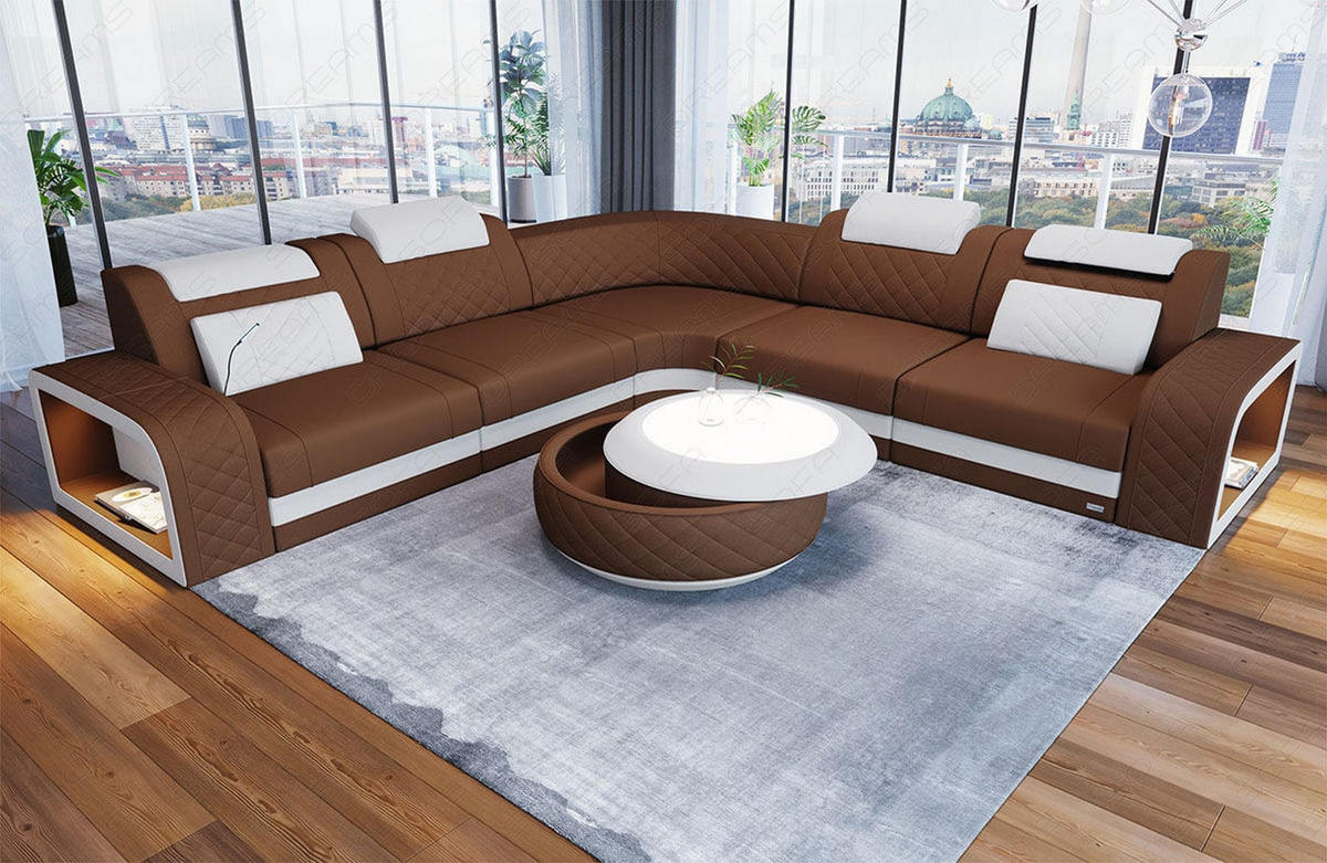 ECKSOFA Sofa Foggia Hellbraun Weiß Mikrofaserstoff - Hellbraun, Kunststoff (294/294cm)