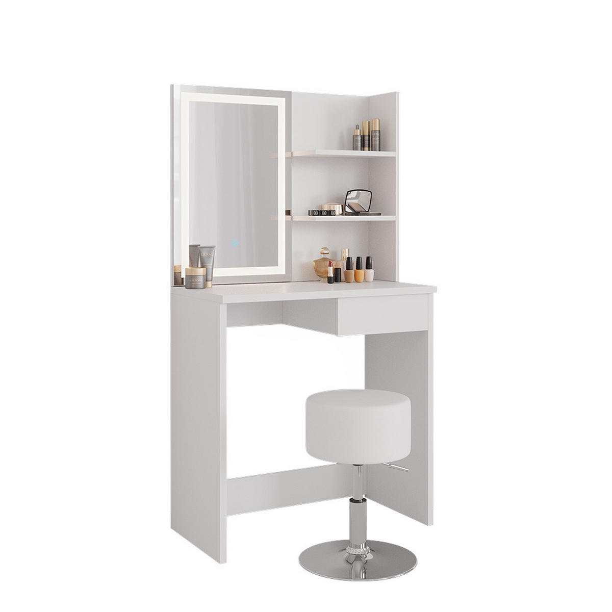 SCHMINKTISCH Dekos Weiß 75 cm mit LED-Spiegel und Hocker - Weiß, Holzwerkstoff (75/141/40cm) - Vicco