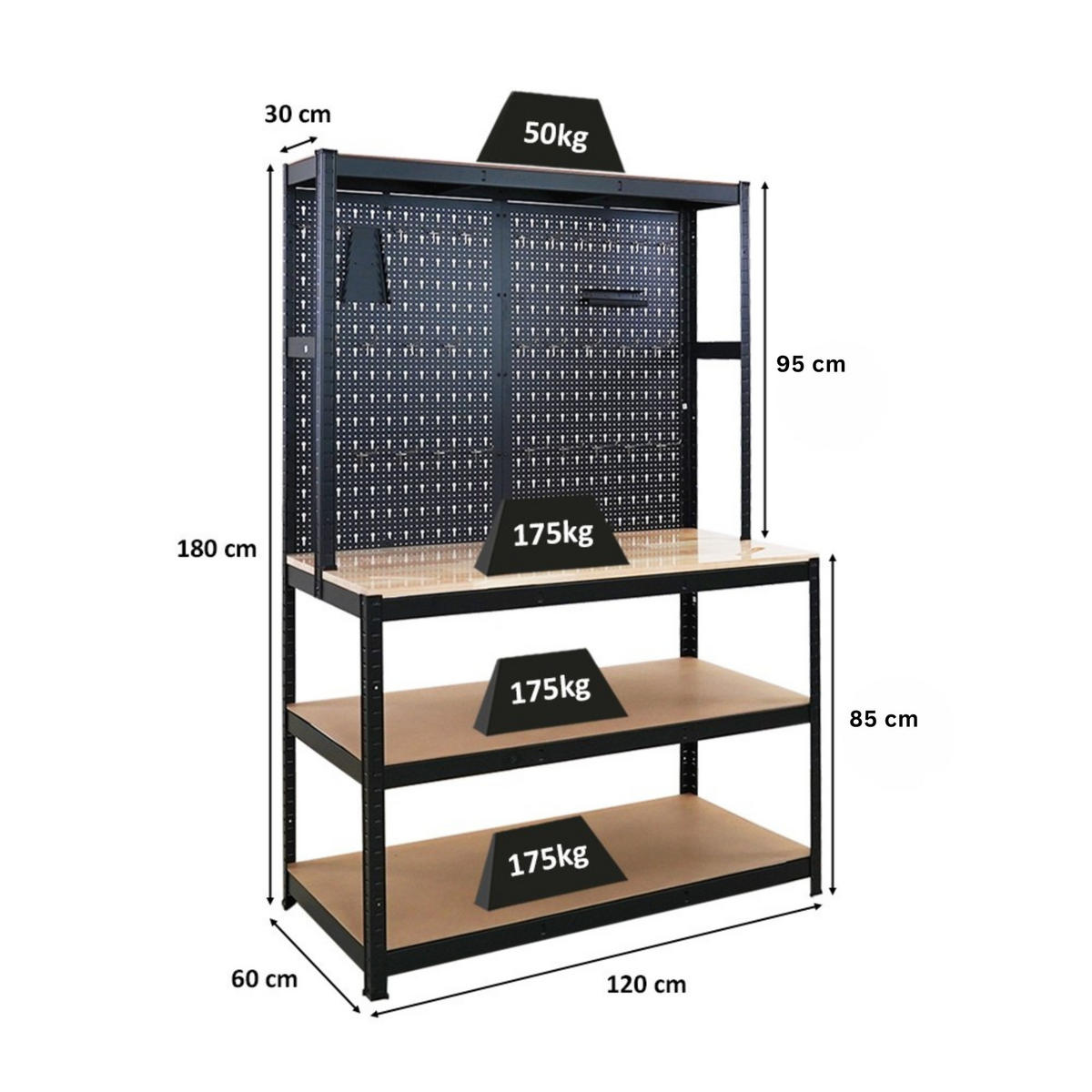 WERKBANK Giant Beast mit Lochwand 180x120x60 cm Fachlast 175 kg Schwarz - Schwarz, Metall (120/180/60cm) - PROREGAL