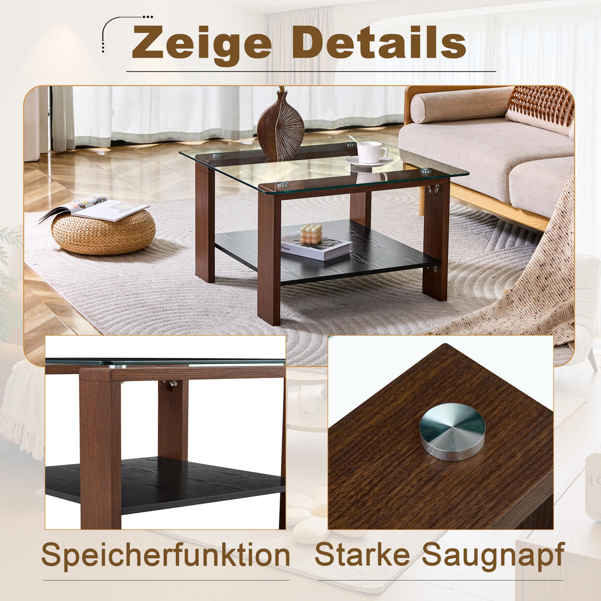 COUCHTISCH aus MDF und Glas 65x65x45,5 cm in Walnuss mit Stauraum - Walnussfarben, Holzwerkstoff (65/65/45.5cm) - Modfu