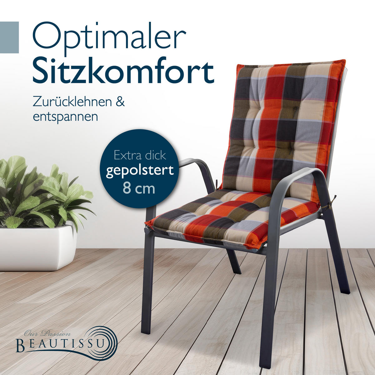 NIEDERLEHNERAUFLAGE Sun-NL 105/50/8cm Orange-Grün-Kariert - Multicolor, Textil (50/8/105cm) - Beautissu 