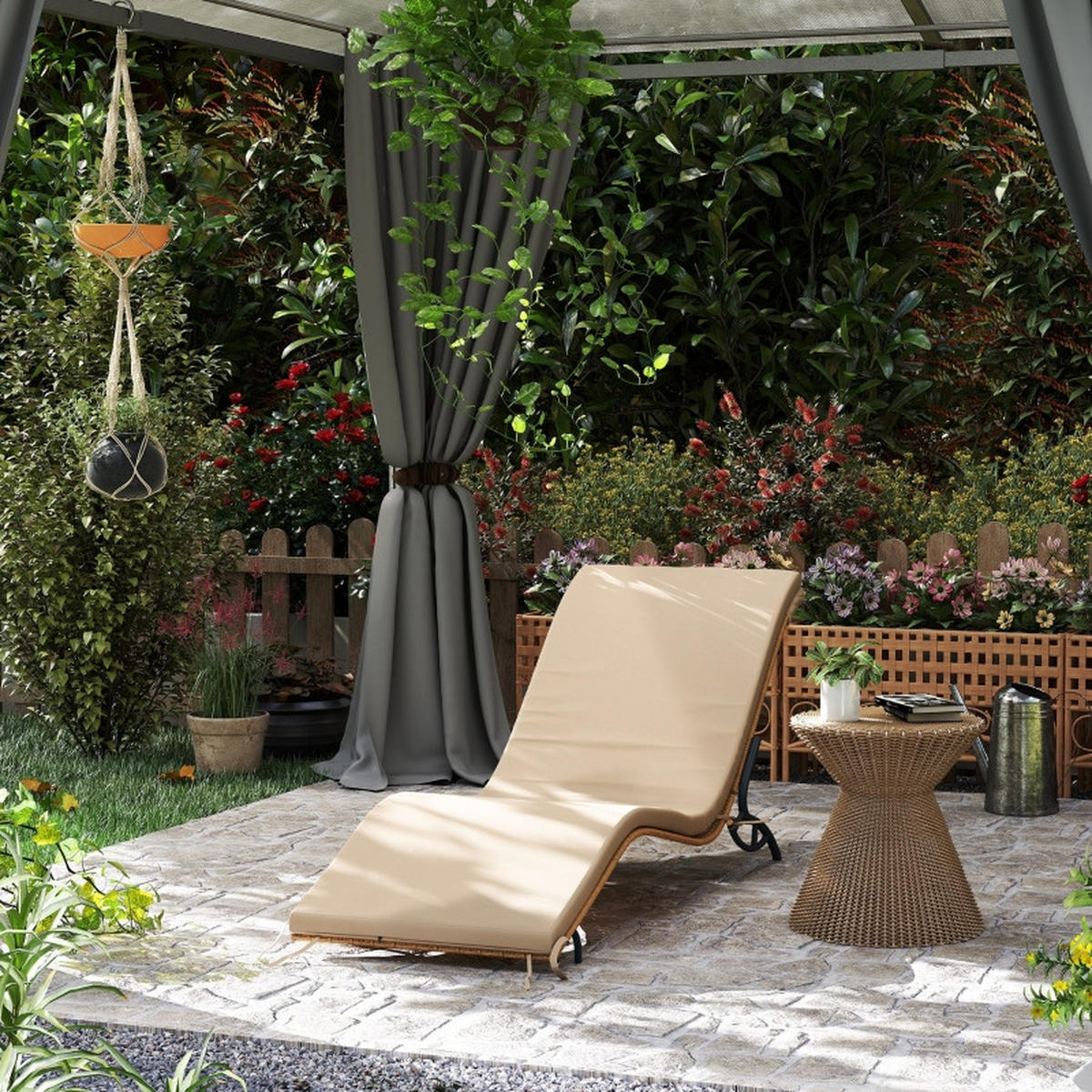 SONNENLIEGE aus Rattan & Stahl 166x63x76 cm in Beige mit Kissen - Beige, Metall (63/76/166cm) - Modfu