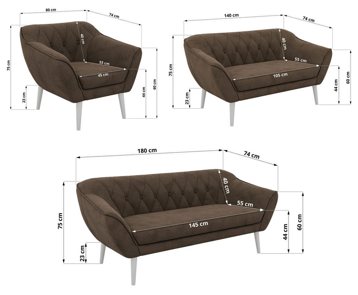SITZGARNITUR PIRS 3+2+1 - Braun Velvet - Weiße Beine - Dunkelbraun/Braun, Holzwerkstoff/Textil (180/75/74cm) - MKS