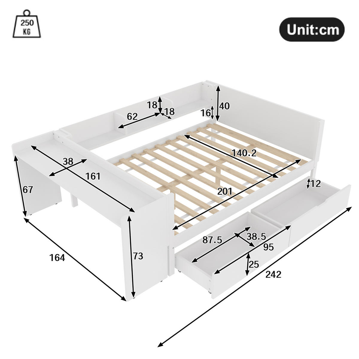 KINDERBETT Liegefläche 140/200 cm mit Schreibtisch, Regalen und 2 Schubladen - Weiß, Holz (140/200cm) - BEAOK