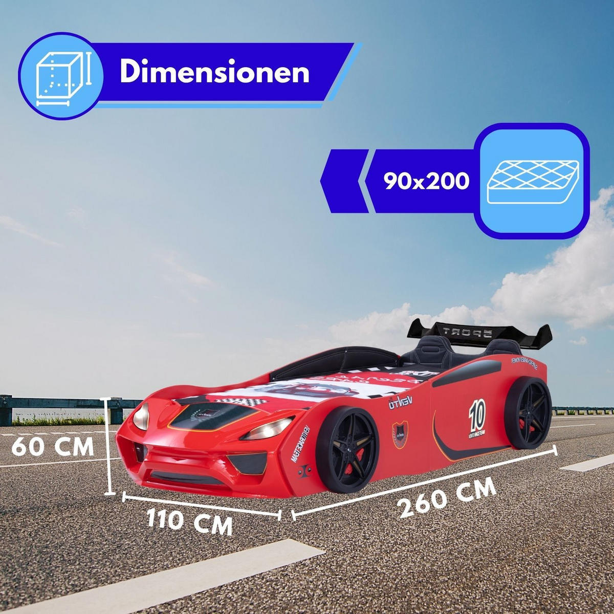 AUTOBETT VENTO SPORT in Rot Kinderbett mit Lederpolster und Lattenrost - Rot, Holzwerkstoff (90/200cm) - Coemo