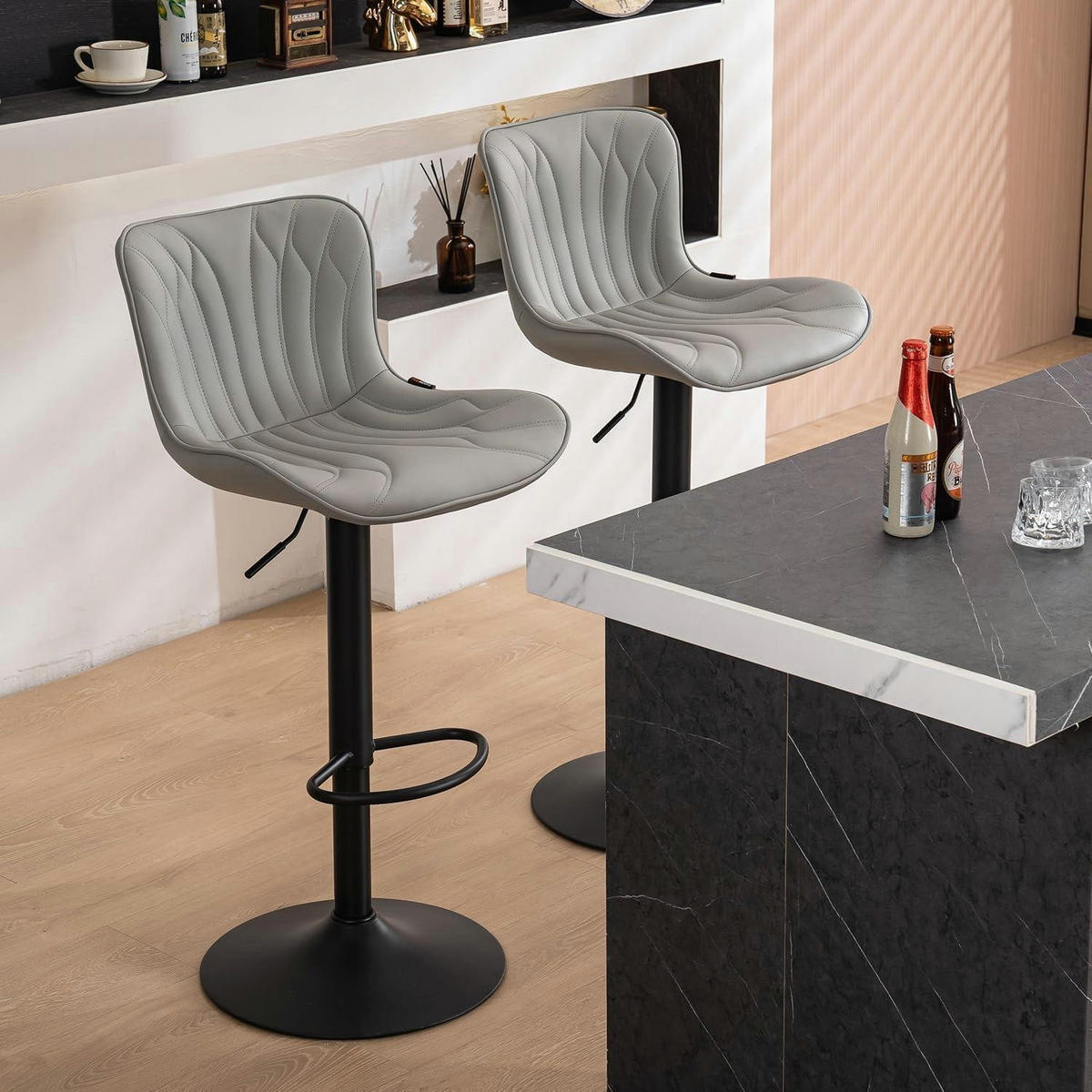 BARHOCKER 2er Set Kunstleder Grau Höhenverstellbar - Grau, Kunststoff (83/54/48cm)
