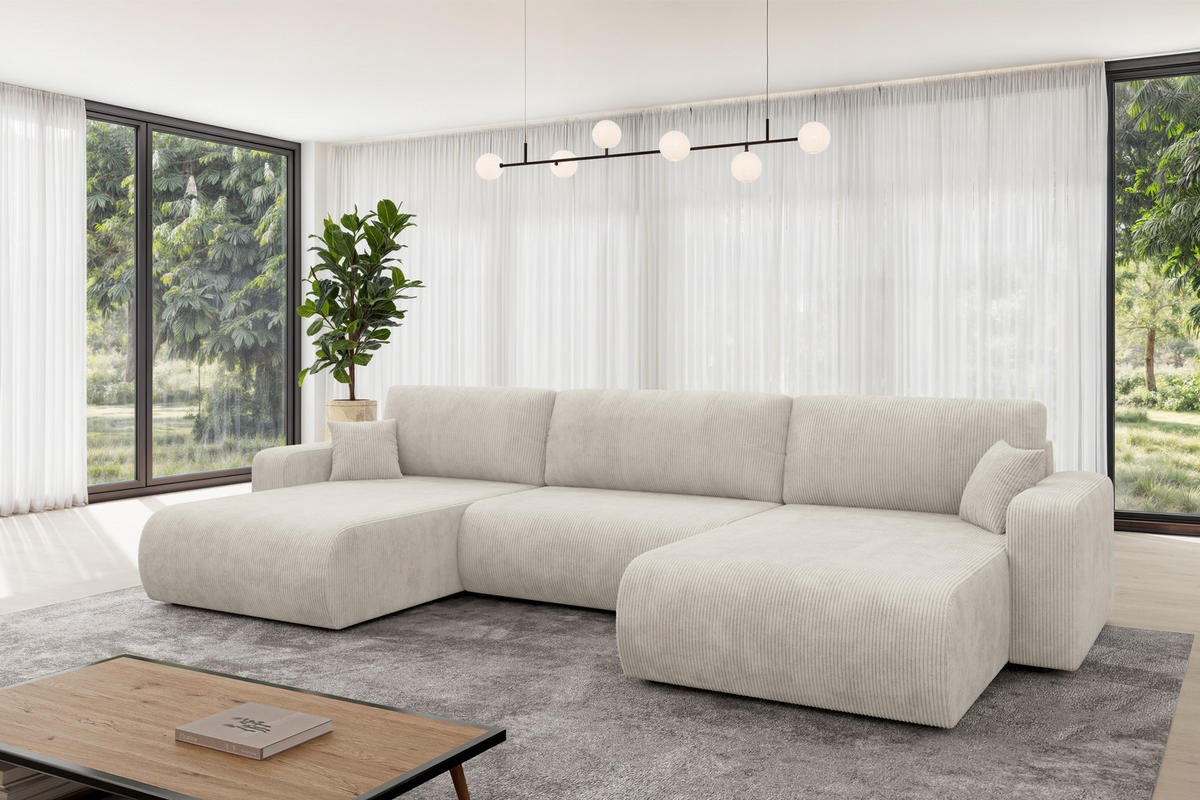 SEDACÍ SOUPRAVA DO U s funkcí spaní a úložným prostorem BERY-U 377x193x88 krémová manšestr - černá/krémová, kompozitní dřevo/textil (377/88/193cm) - ALTDECOR
