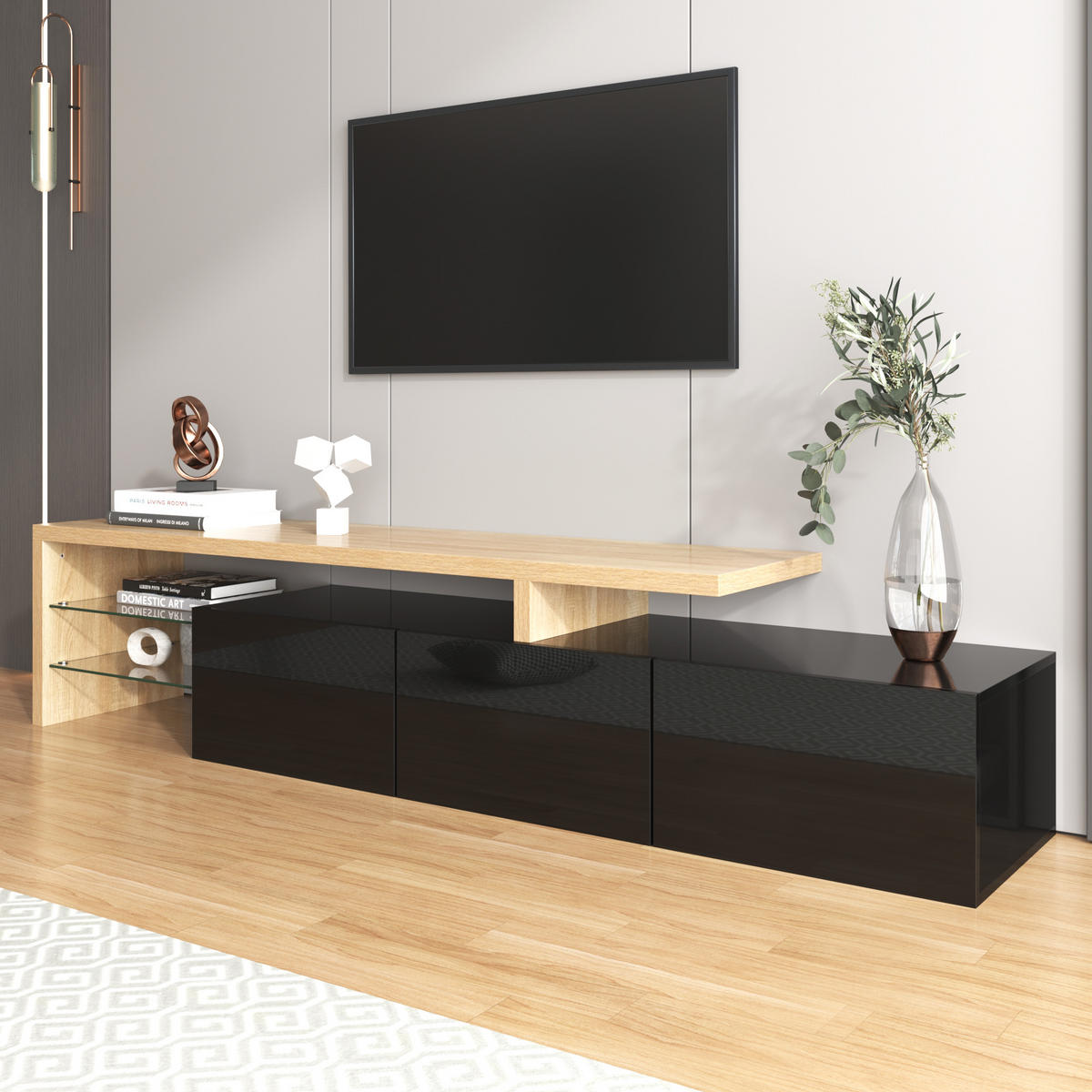 TV-SCHRANK und Glas in Schwarz Hochglanz und Holzoptik mit LED 197.5/39/42 cm - Schwarz, Holzwerkstoff (197.5/42/39cm) - Redom