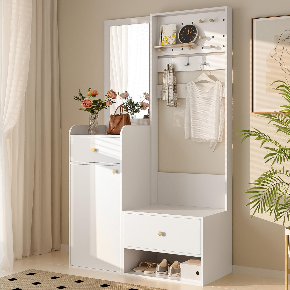 GARDEROBE 105 cm Spiegel Haken Stauraum - Weiß, Holzwerkstoff (105/180/38cm) - LEBENLANG