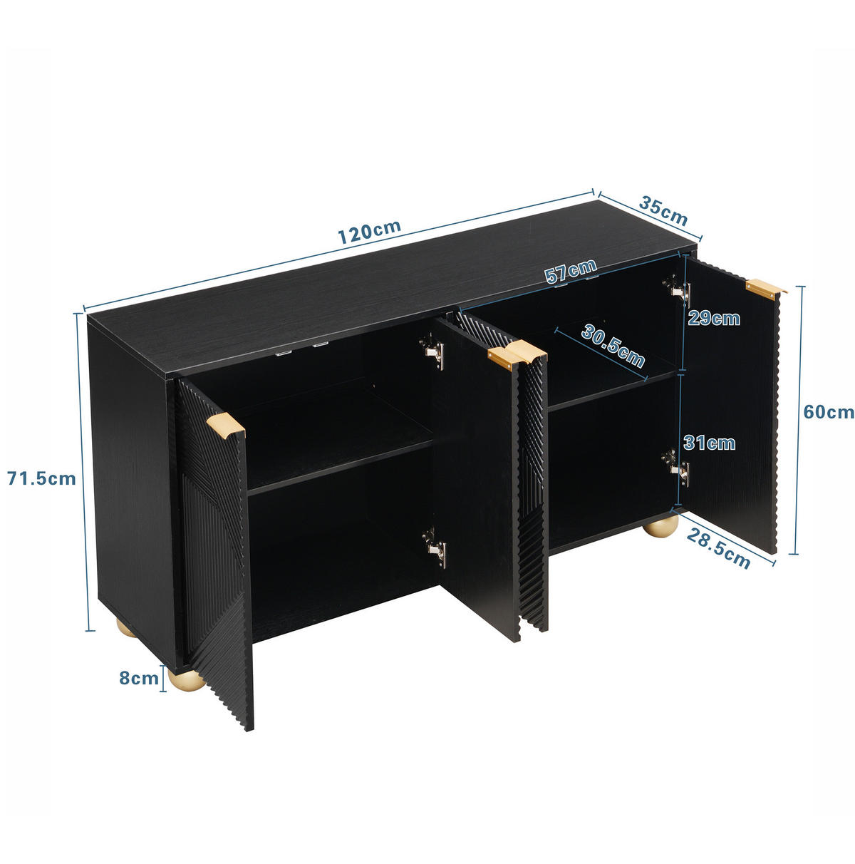 SIDEBOARD 120/35/71,5 cm in Schwarz mit 4 Türen und verstellbaren Innenböden - Schwarz, Holzwerkstoff (120/71.5/35cm) - Flora Grace