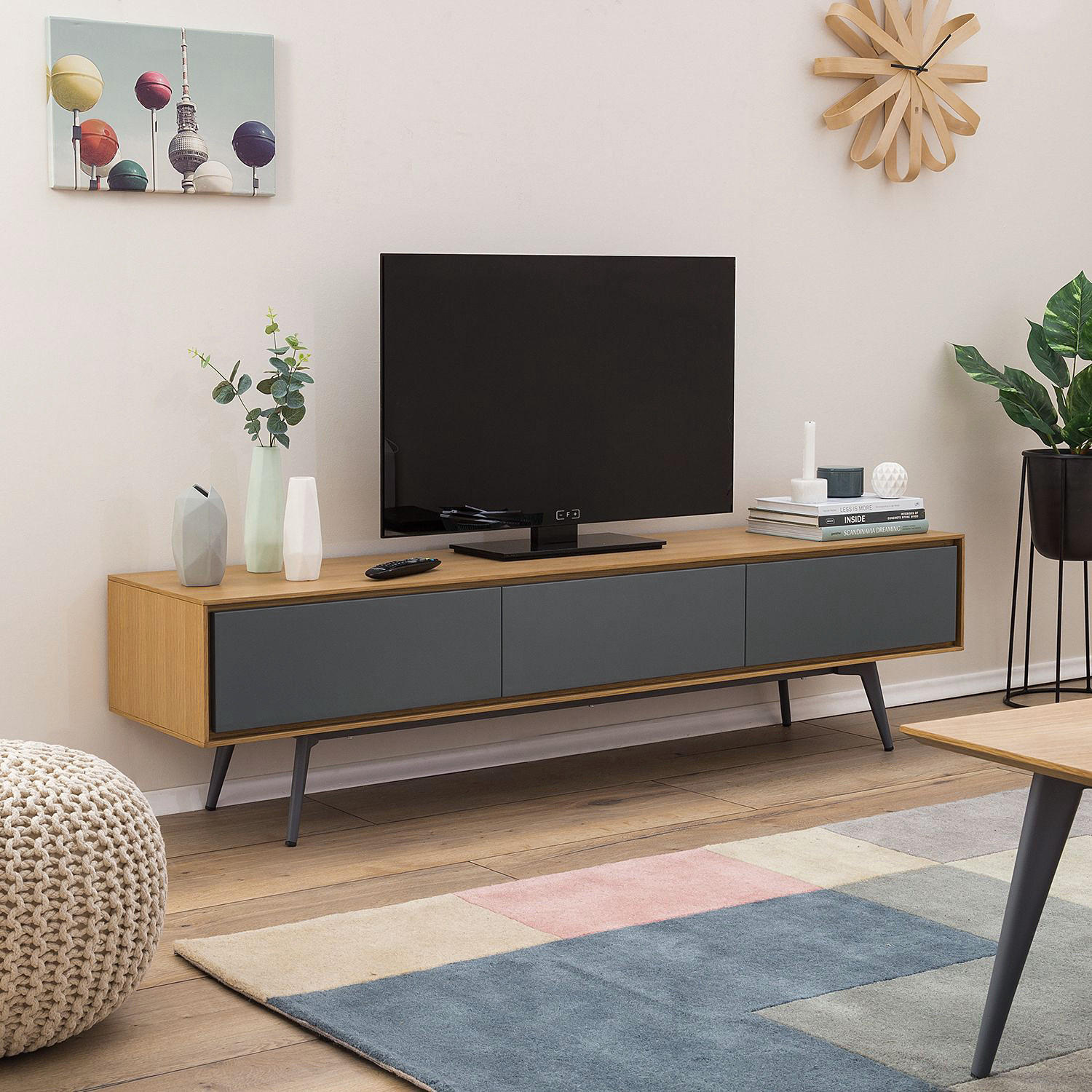 TV-LOWBOARD - Echtholzfurnier - Dunkelgrau, Holzwerkstoff (180/45/40cm) - home24
