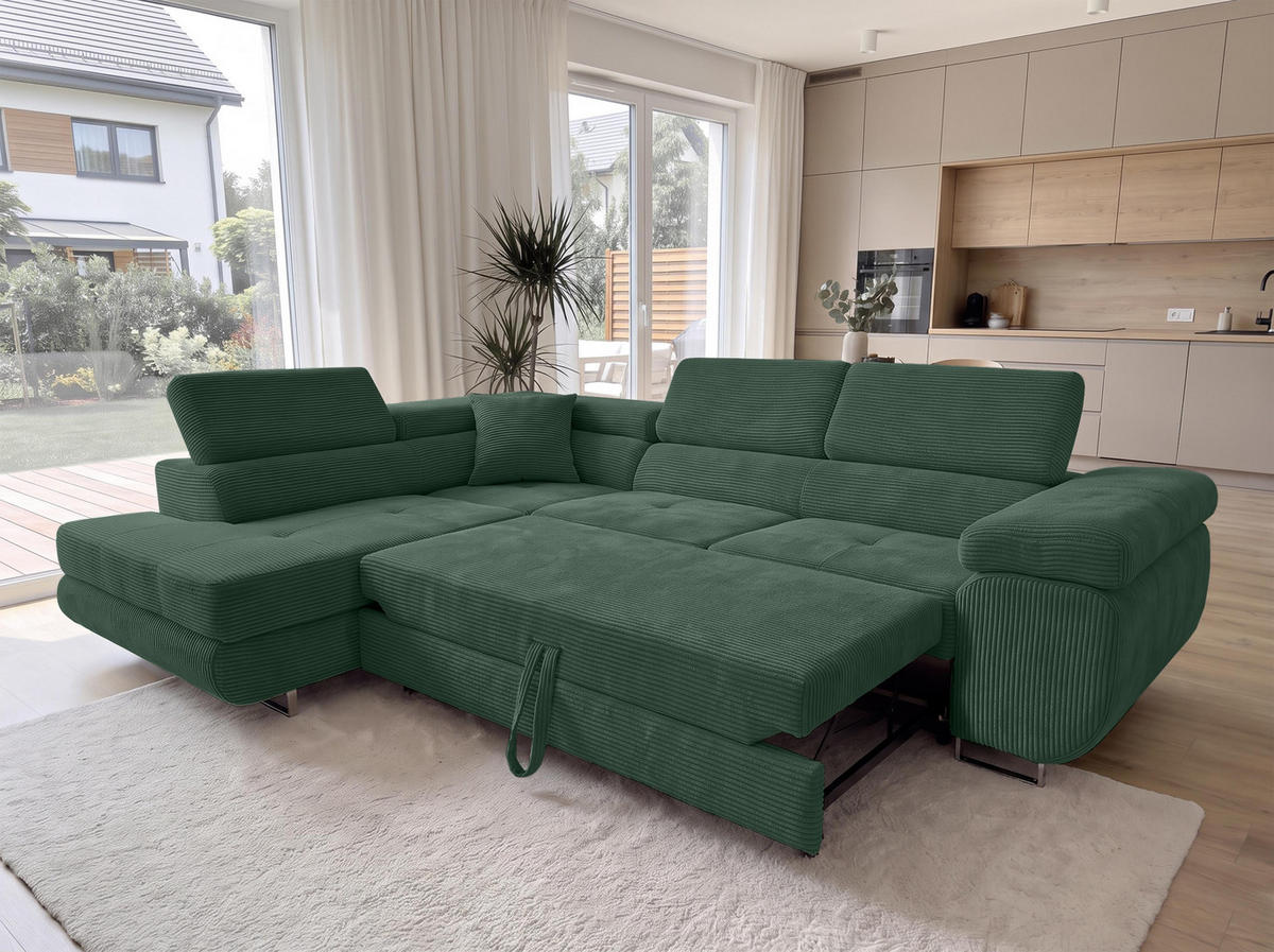 ECKSOFA L Form Konak Flaschengrün 276/201/90 cm Links mit Schlaffunktion - Dunkelgrün/Silberfarben, Textil/Metall (203/276cm) - AX Living