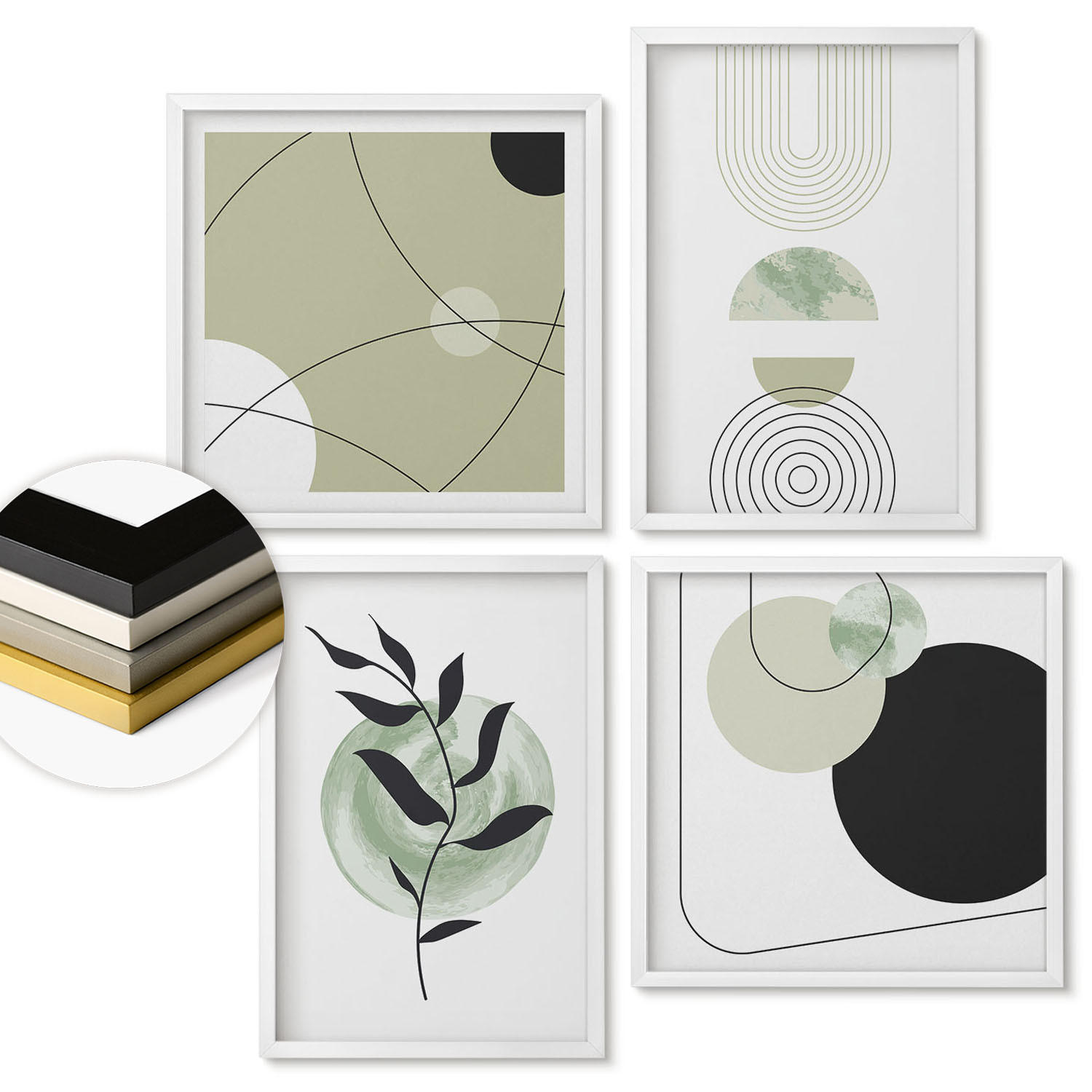 WANDBILDER 4er-Set - 50x50 cm & 40x60 cm Weißer Rahmen - Abstrakte Pflanzenmotive - Weiß, Kunststoff (50/50cm) - ArtPrintCave
