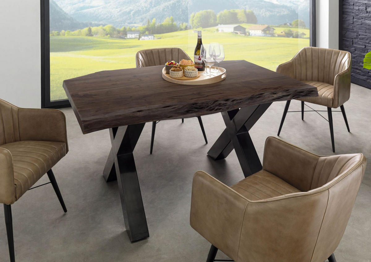 BAUMTISCH Akazie 160x90x77 grau lackiert / X-Beine anthrazit glänzend FREEFORM 5 - Grau, Holz (90/160/77cm) - Massivmoebel24