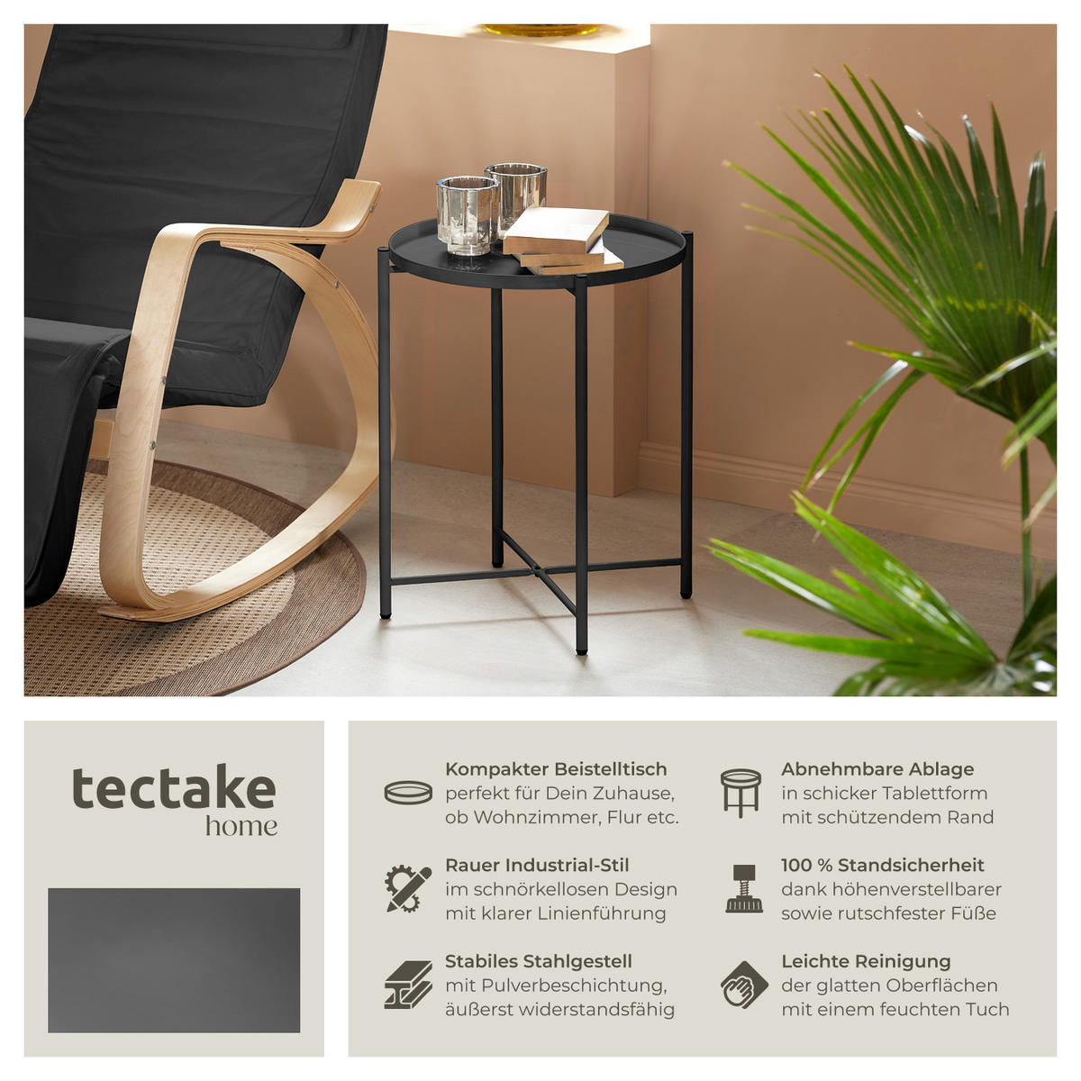 BEISTELLTISCH Chester,45,5 x 45,5 x 53 cm,schwarz - Schwarz, Metall (45.5/45.5/53cm) - tectake