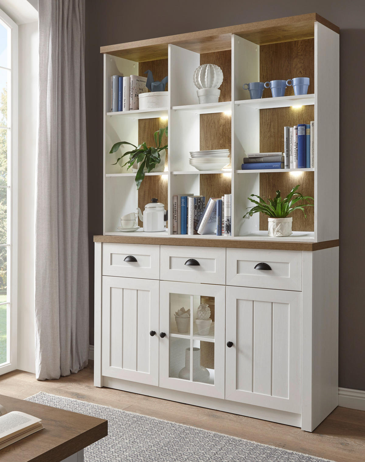 BUFFETSCHRANK weiß Pinie, Eiche hell Landhaus, Buffet 130 x 198 cm - Eichefarben/Schwarz, Holzwerkstoff/Metall (130/198/43cm) - Furn.Design