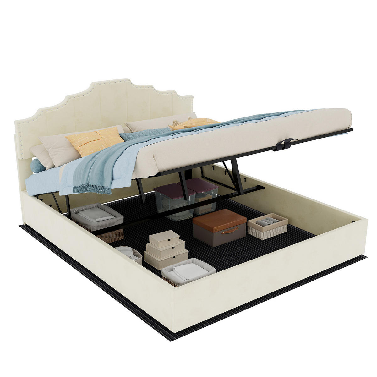 POLSTERBETT 160/200 cm mit geometrischem Kopfteil und Bettkasten, Beige - Beige, Textil (160/200cm) - Redom