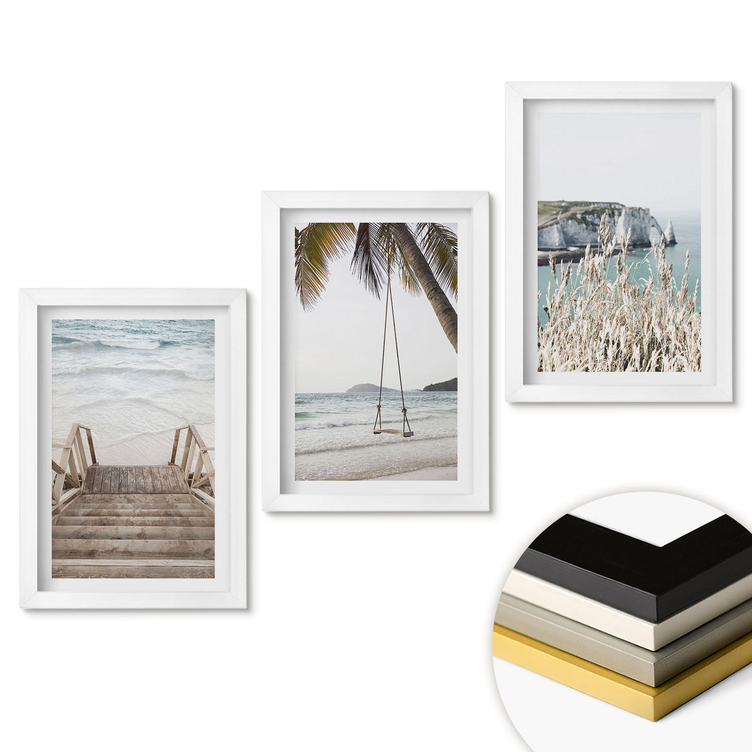 WANDBILDER 3er-Set - 20x30 cm Weißer Rahmen - Strandtreppe aus Holz, Schaukel - Weiß, Kunststoff (20/30cm) - ArtPrintCave