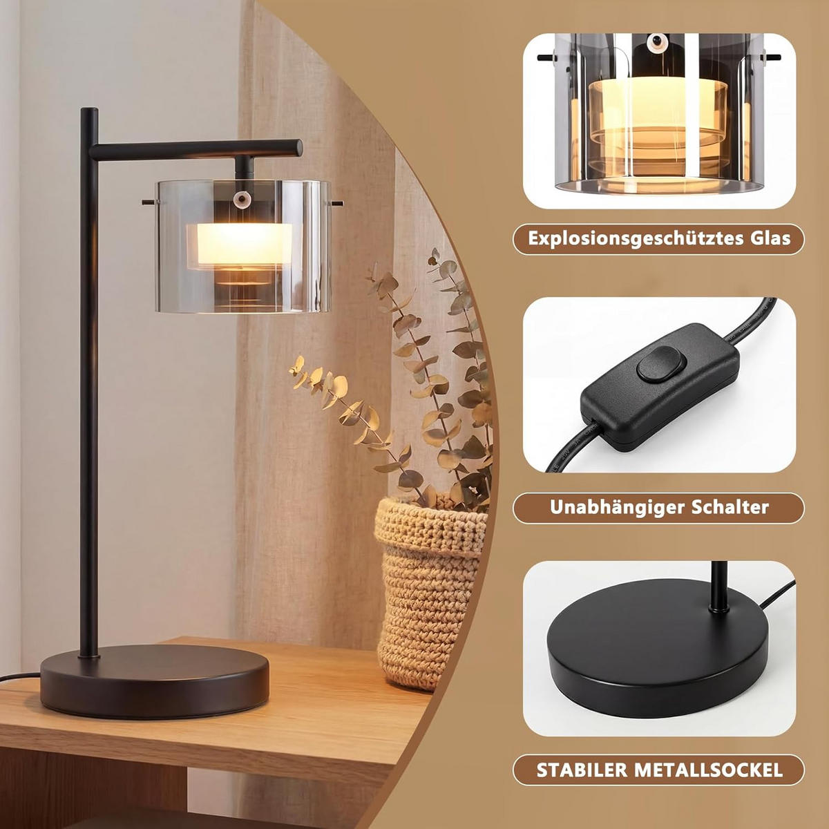 LED TISCHLAMPE Ulenkir 18/12/40 cm - Schwarz, Glas/Metall (18/12/40cm) - ZMH