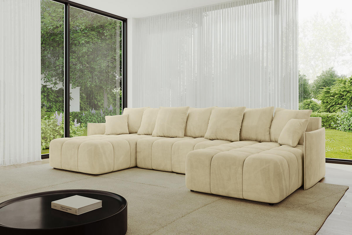 WOHNLANDSCHAFT LONLI-U 355x189x68 Beige Velours - Taupe, Holzwerkstoff/Kunststoff (355/68/189cm) - ALTDECOR