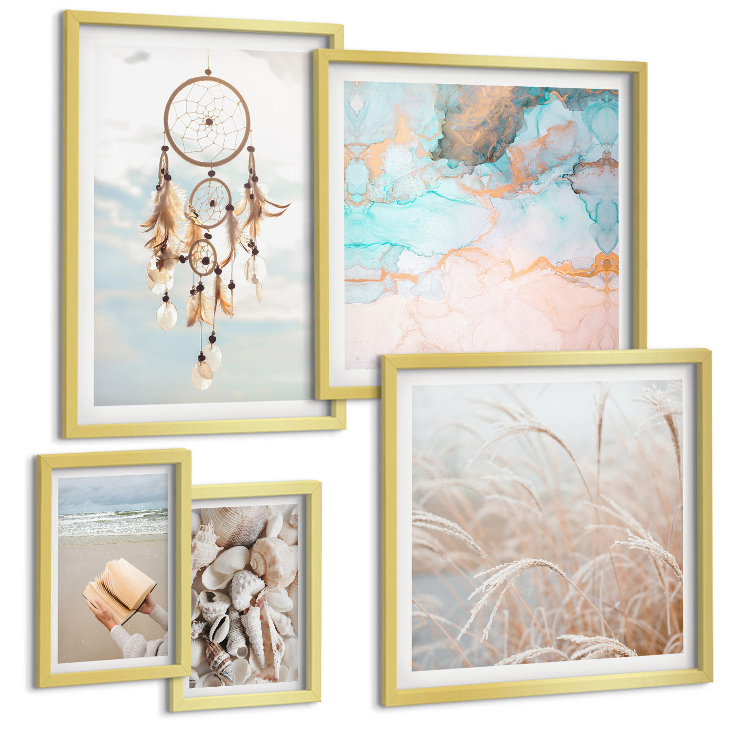 BILDER SET 5er Set - 50x50 cm & 20x30 cm & 40x60 cm Goldrahmen - Stadtansichten, Brücken, Eiffelturm, Auto - Goldfarben, Kunststoff (40/60cm) - TULUP