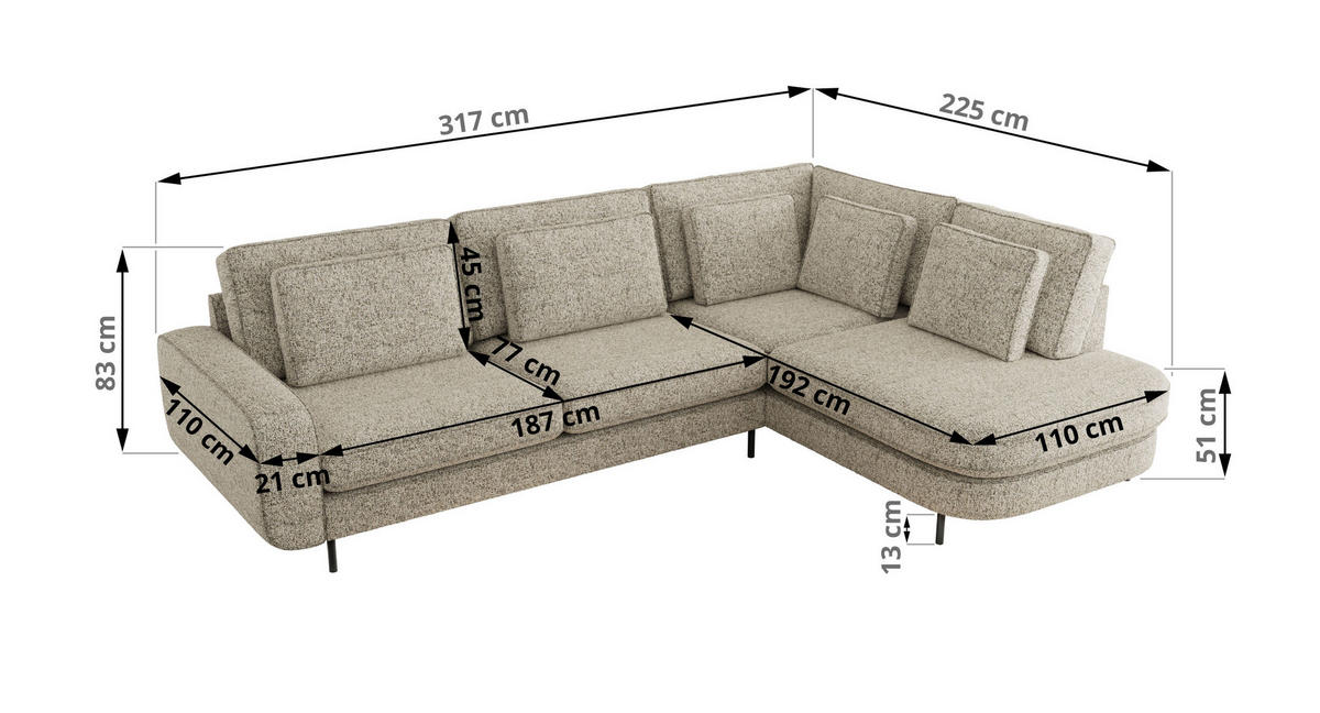 ROHOVÁ SEDAČKA CALENO L - Béžová Strukturovaná látka - Levá Strana - černá/béžová, kov/textil (317/225cm) - MKS