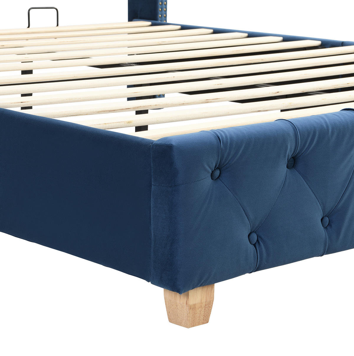 POLSTERBETT aus Samt 160x200 cm Blau mit Knopfheftung, Nietenverzierung und Lattenrost - Blau, Textil (160/200cm) - IVMEU