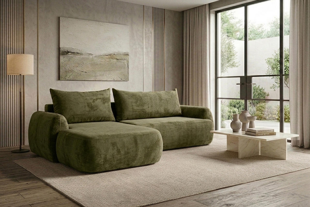 ECKSOFA Mit Schlaffunktion Und Bettkasten, Chenille-Stoff Perfecto, Grün, Links, HELA II - Grün, Holz (280/184cm) - Kaiser Möbel
