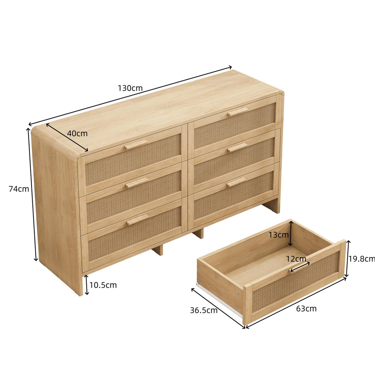 SCHUBLADENKOMMODE 130/40/74 cm mit 6 Schubladen und Rattanfronten – natürliche Optik - Naturfarben, Holzwerkstoff (130/74/40cm) - BEAOK