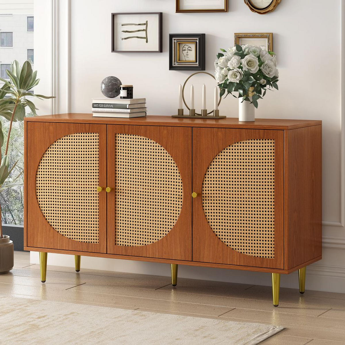 SIDEBOARDS mit 3 Rattan verzierten Türen，Nussbaum - Walnussfarben, Holz (40/76/129.8cm) - KOMHTOM
