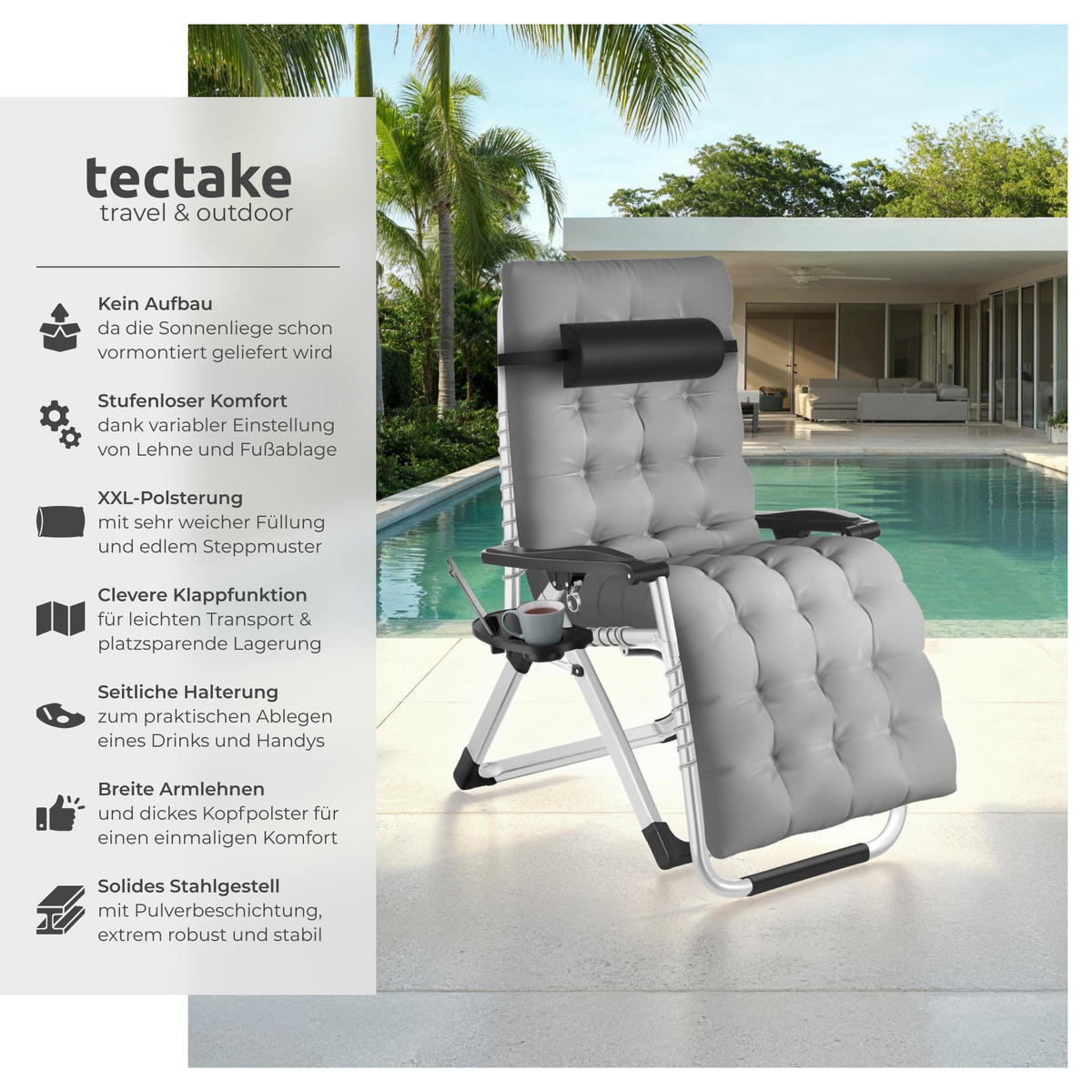 SONNENLIEGE 2er Set Cloud,84 x 168 x 82,5 cm, mit Ablagetisch,hellgrau - Hellgrau, Kunststoff (84/103/113cm) - tectake
