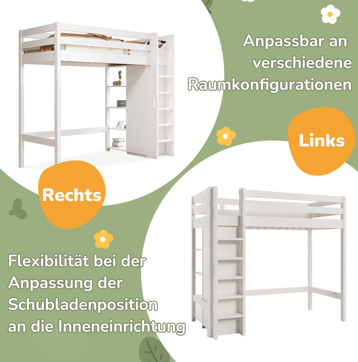HOCHBETT 90/200 cm Weiß aus Holzwerkstoff und Massivholz mit Kleiderschrank und 6 Regalen - Weiß, Holzwerkstoff (90/200cm) - OKMYHOME