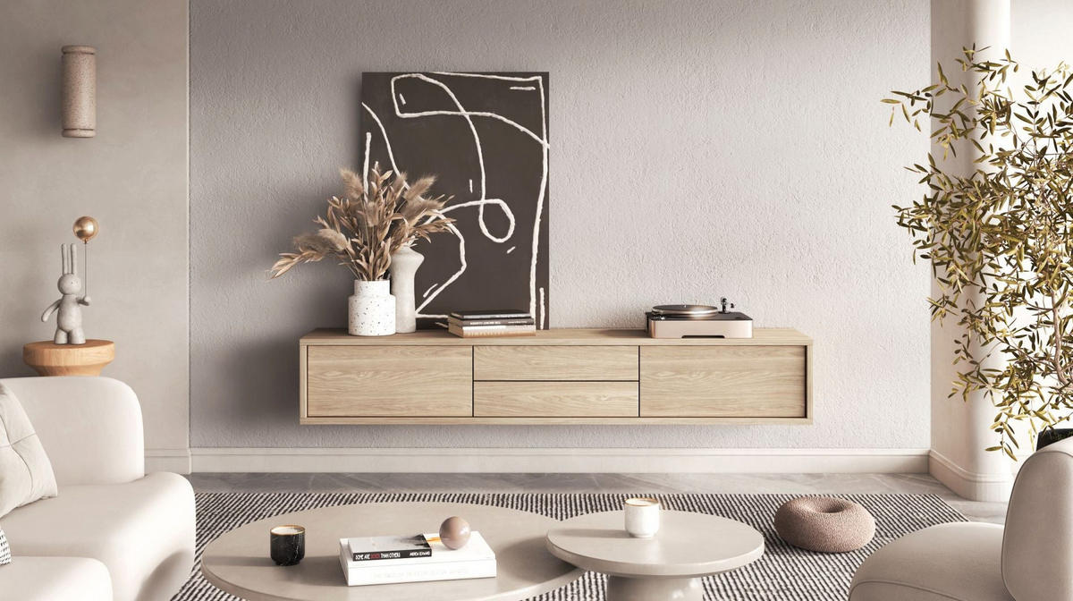 TV stolík Moddern dub so zásuvkami 180/32/36 cm - farba duba/béžová, kompozitné drevo (180/32/36cm) - Selsey