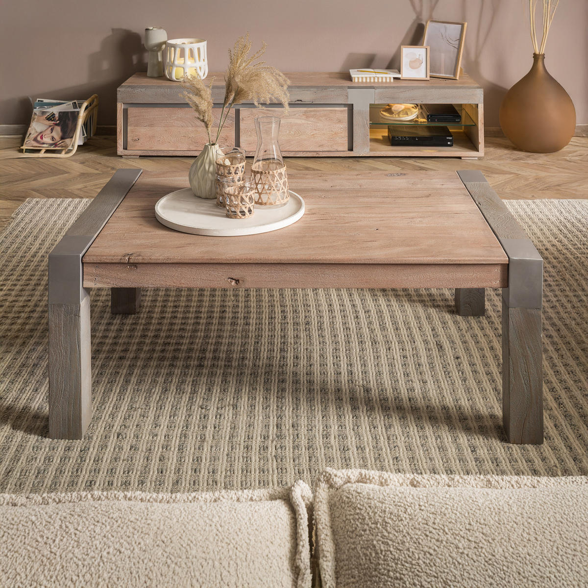 COUCHTISCH Akazie 110x70x45 beige lackiert Amsterdam #118 - Beige, Holz (110/70/45cm) - Massivmoebel24