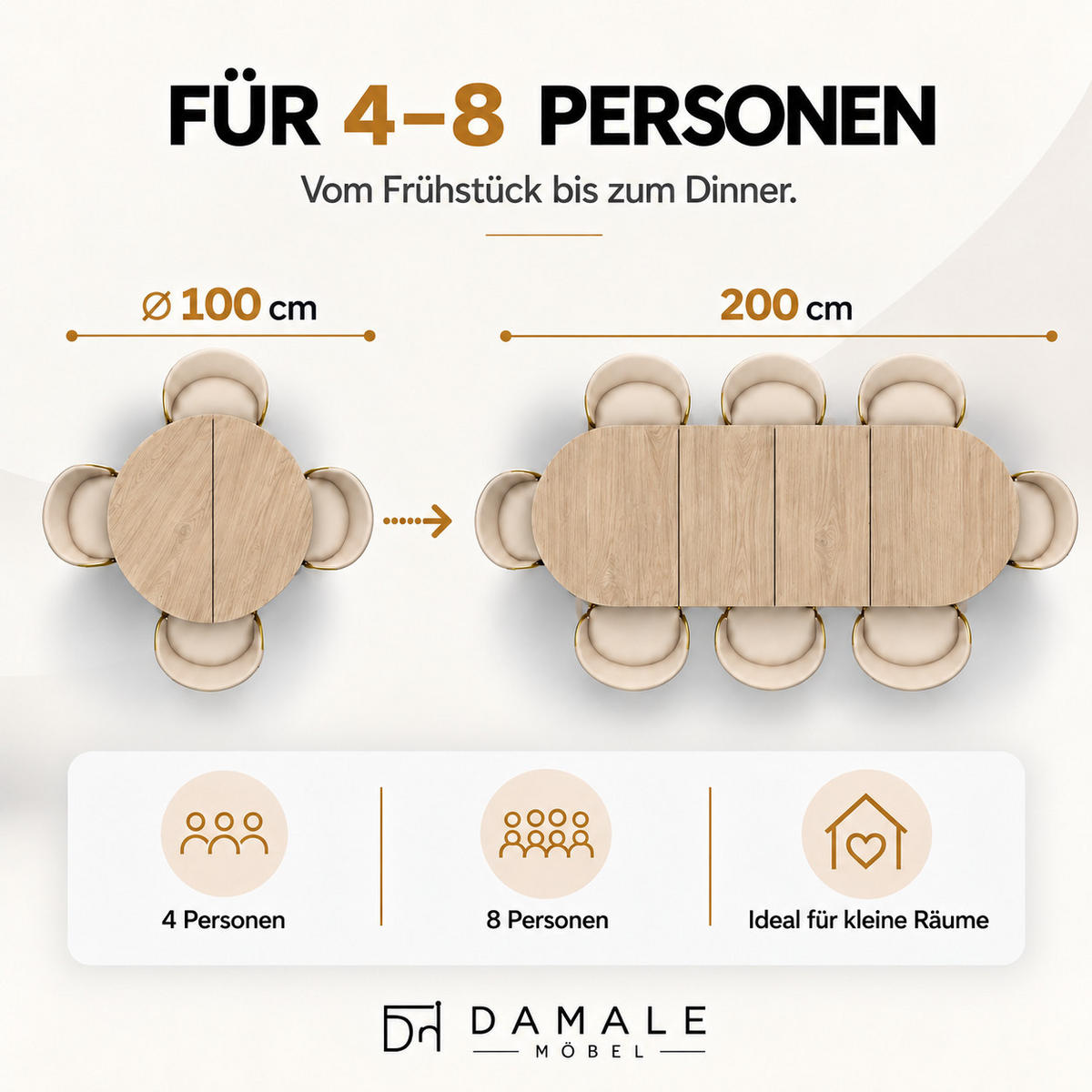 ESSTISCH rund ausziehbar 100/200/76 cm, Eiche Hikora Egger, 54 cm Tischplatte + Y Metallgestell Schwarz - Hellbraun/Eichefarben, Holzwerkstoff/Metall (100/200/76cm) - Damale Möbel