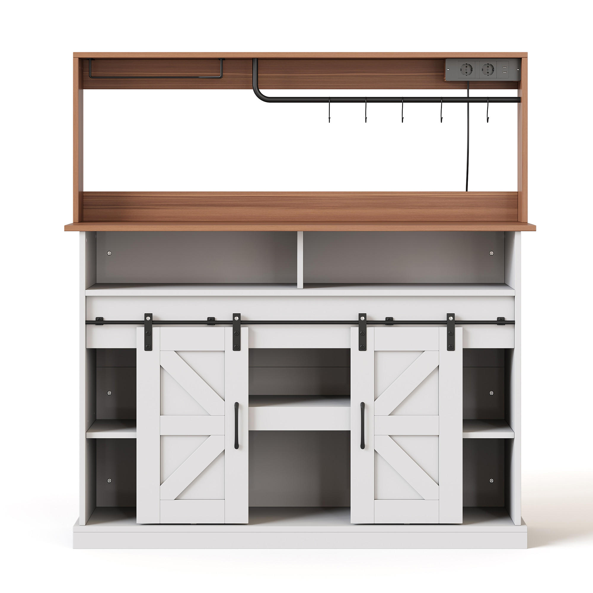 SIDEBOARD 120/40/130 cm Weiß mit Gläserhalter und Steckdosen (2×AC, 2×USB) und Stauraum - Weiß, Holz (120/130/40cm) - Oxeza